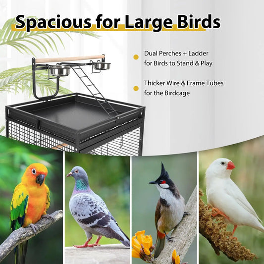 64.4" Tall Large Metal Bird Cage With Rolling Stand Aviary For Parrots Parakeets Conures