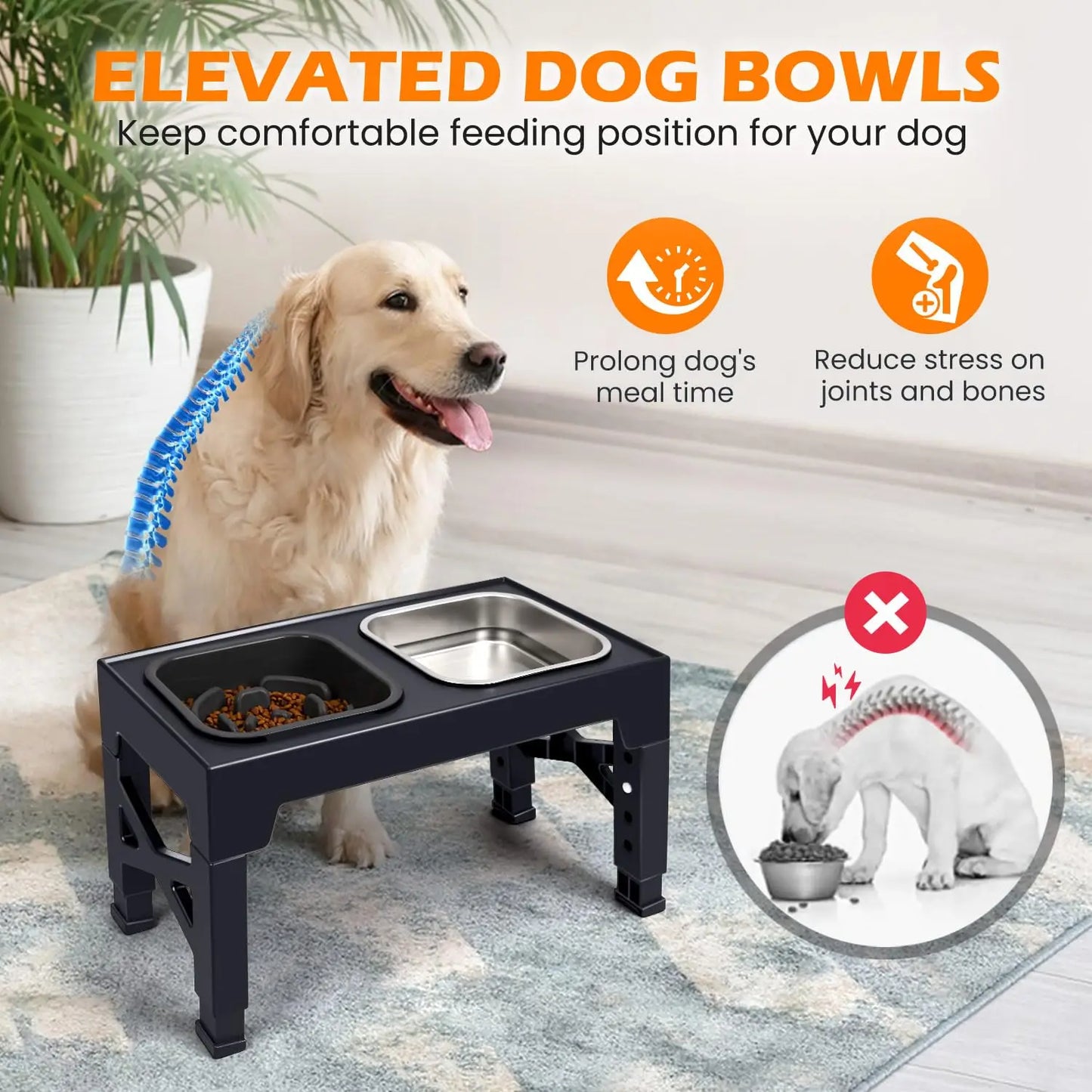 2-in-1 Elevated Slow Feeder Dog Bowls with Foldable Stand