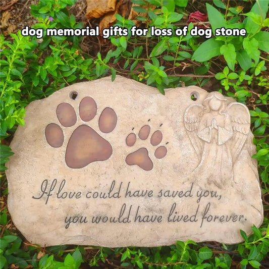 Pet Memorial Stone with Angel and Paw Prints, Outdoor Grave Marker
