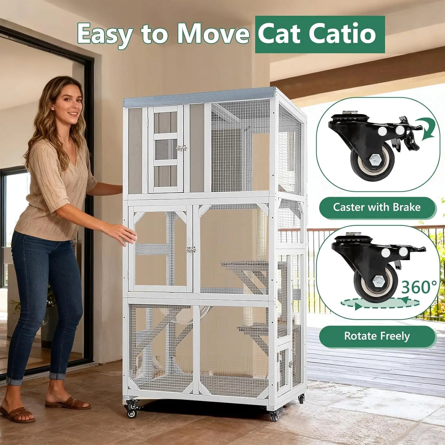 Outdoor Cat Enclosure with Wheels & Weatherproof Roof,