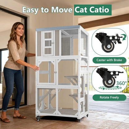 Outdoor Cat Enclosure with Wheels & Weatherproof Roof,