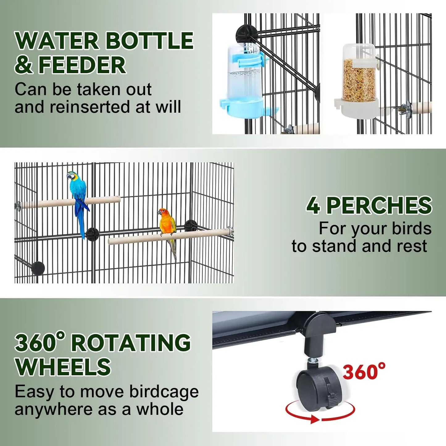 46-Inch Spacious Bird Cage  Slide-Out Tray, Water Bottle & Feeder