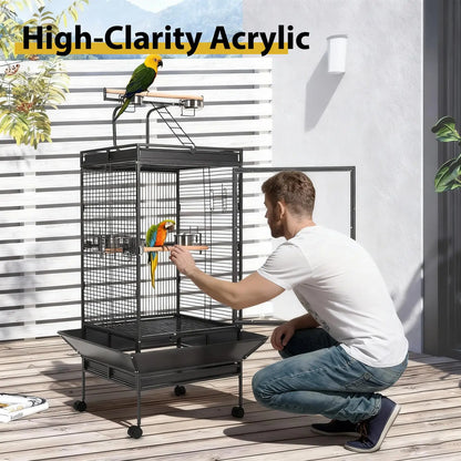 64.4" Tall Large Metal Bird Cage With Rolling Stand Aviary For Parrots Parakeets Conures
