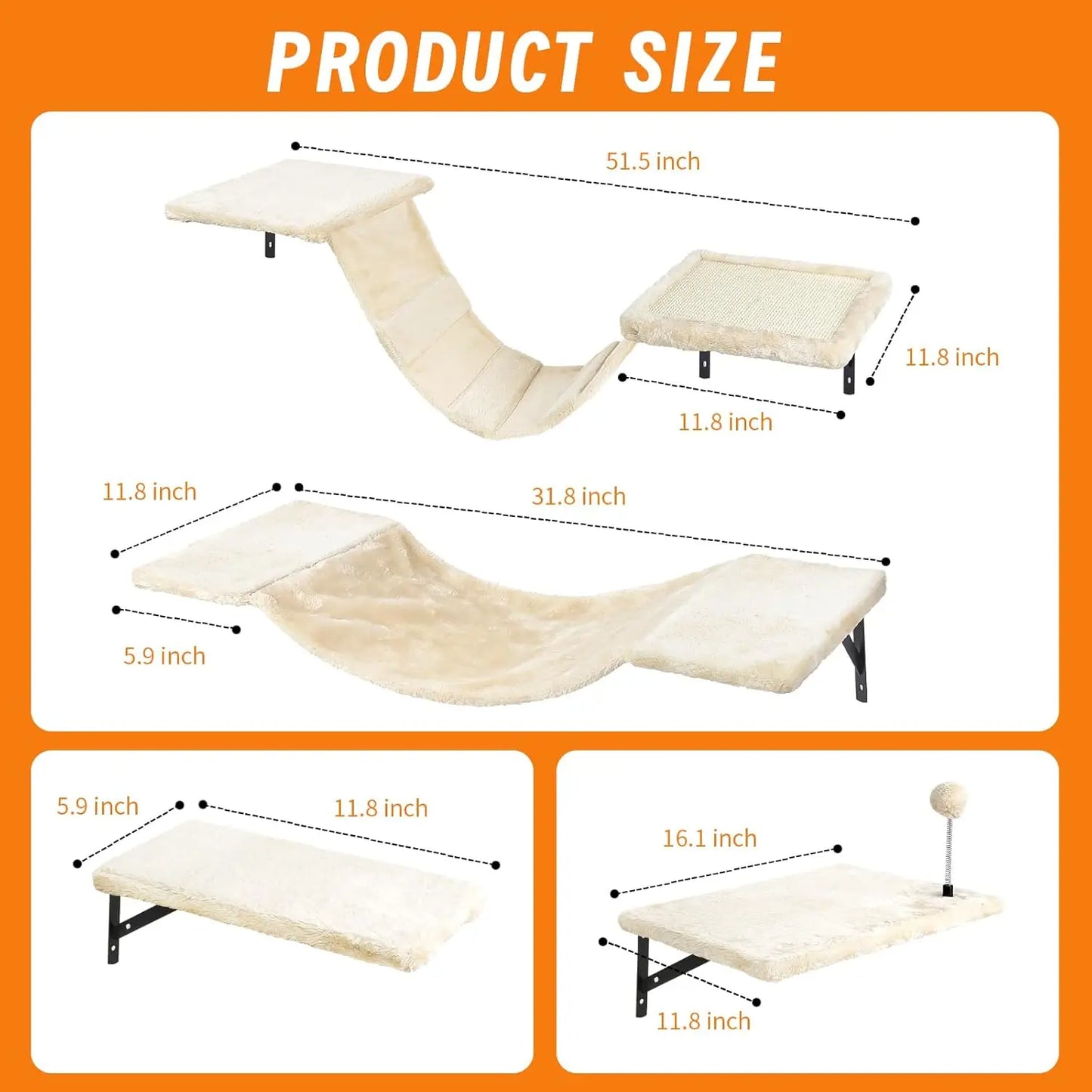Wall-Mounted Cat Climber Set Hammock & Scratching Board - 7 Pcs Wood Indoor Furniture