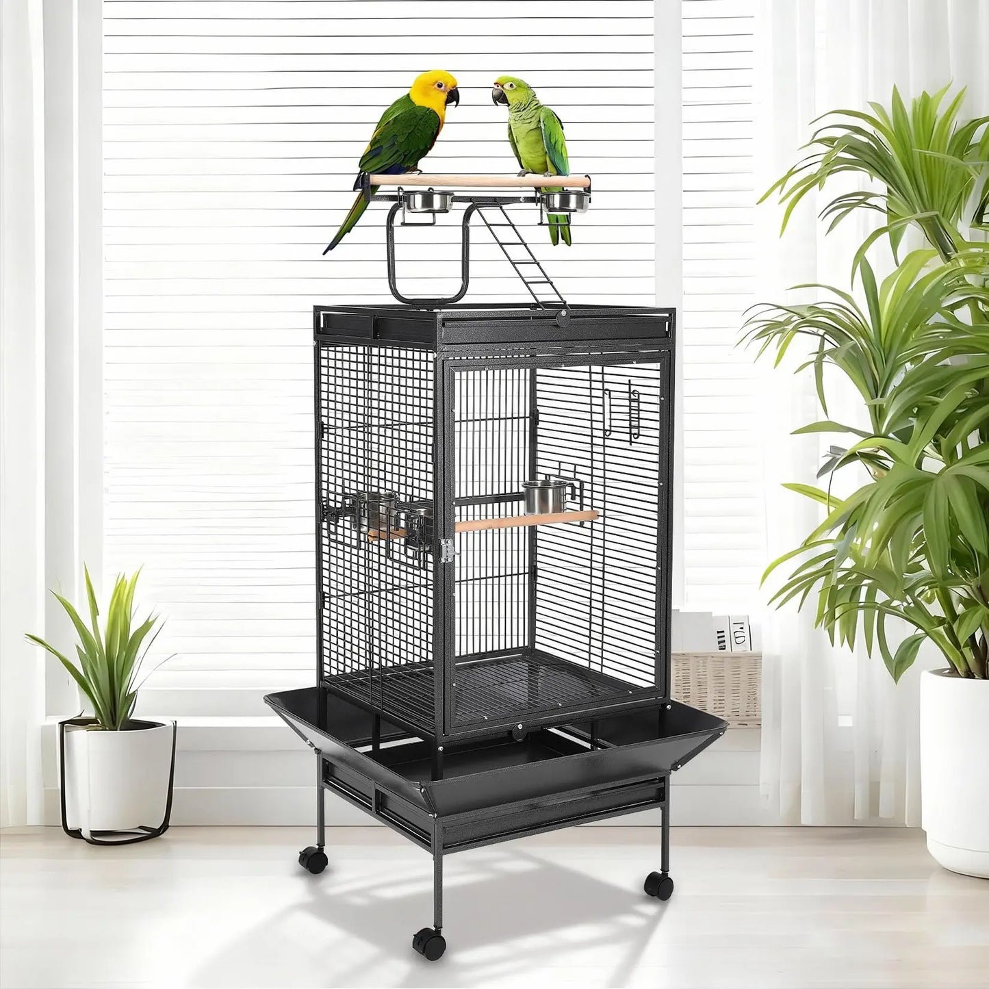 64.4" Tall Large Metal Bird Cage With Rolling Stand Aviary For Parrots Parakeets Conures