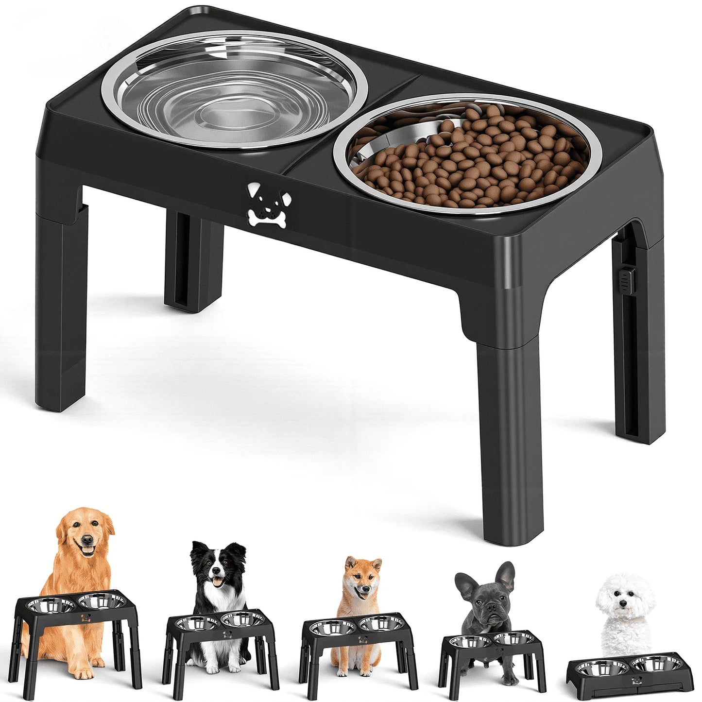 Elevated Dog Bowls - 5 Heights Adjustable 2 Stainless Steel Small Medium Large Dogs Cats