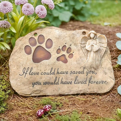 Pet Memorial Stone with Angel and Paw Prints, Outdoor Grave Marker