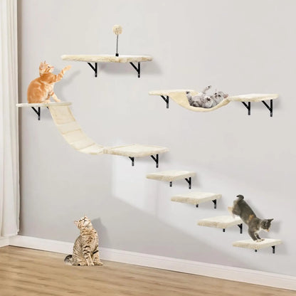 Wall-Mounted Cat Climber Set Hammock & Scratching Board - 7 Pcs Wood Indoor Furniture