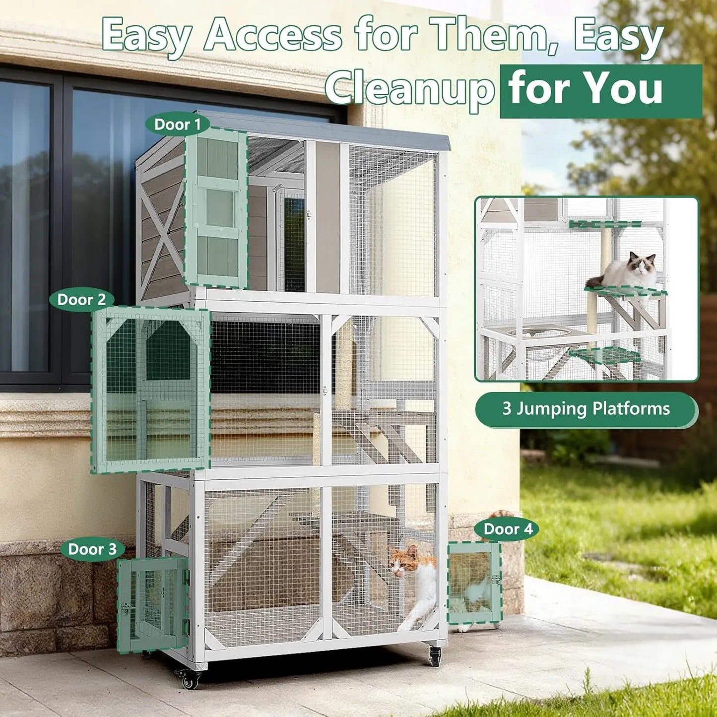 Outdoor Cat Enclosure with Wheels & Weatherproof Roof,
