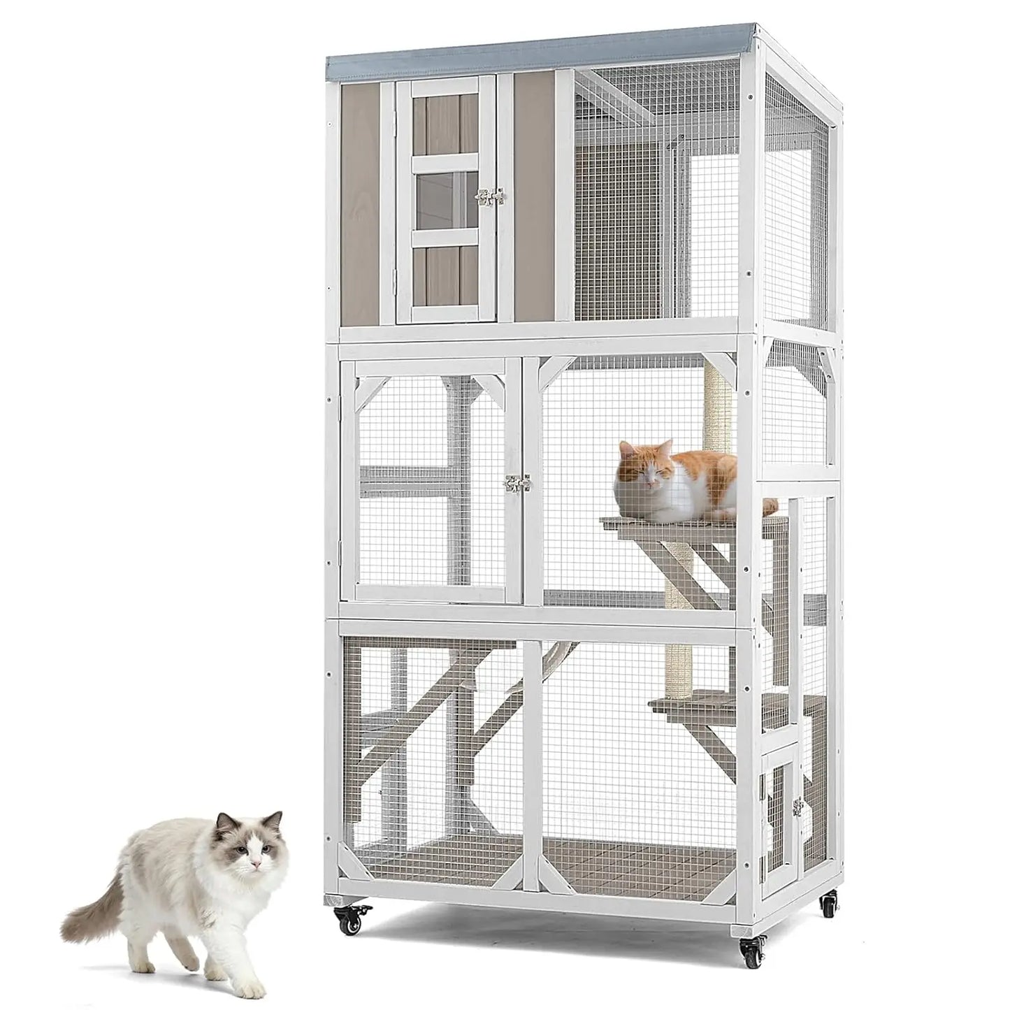 Outdoor Cat Enclosure with Wheels & Weatherproof Roof,
