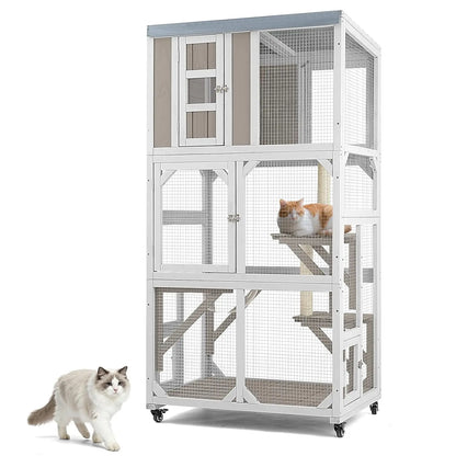 Outdoor Cat Enclosure with Wheels & Weatherproof Roof,