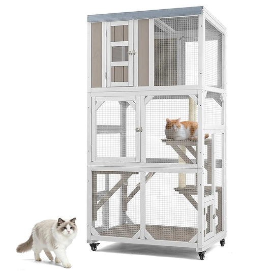 Outdoor Cat Enclosure with Wheels & Weatherproof Roof,