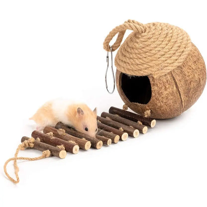 Coconut Bird Nest Hut with Ladder for Parrots Parakeet Conures Cockatiel