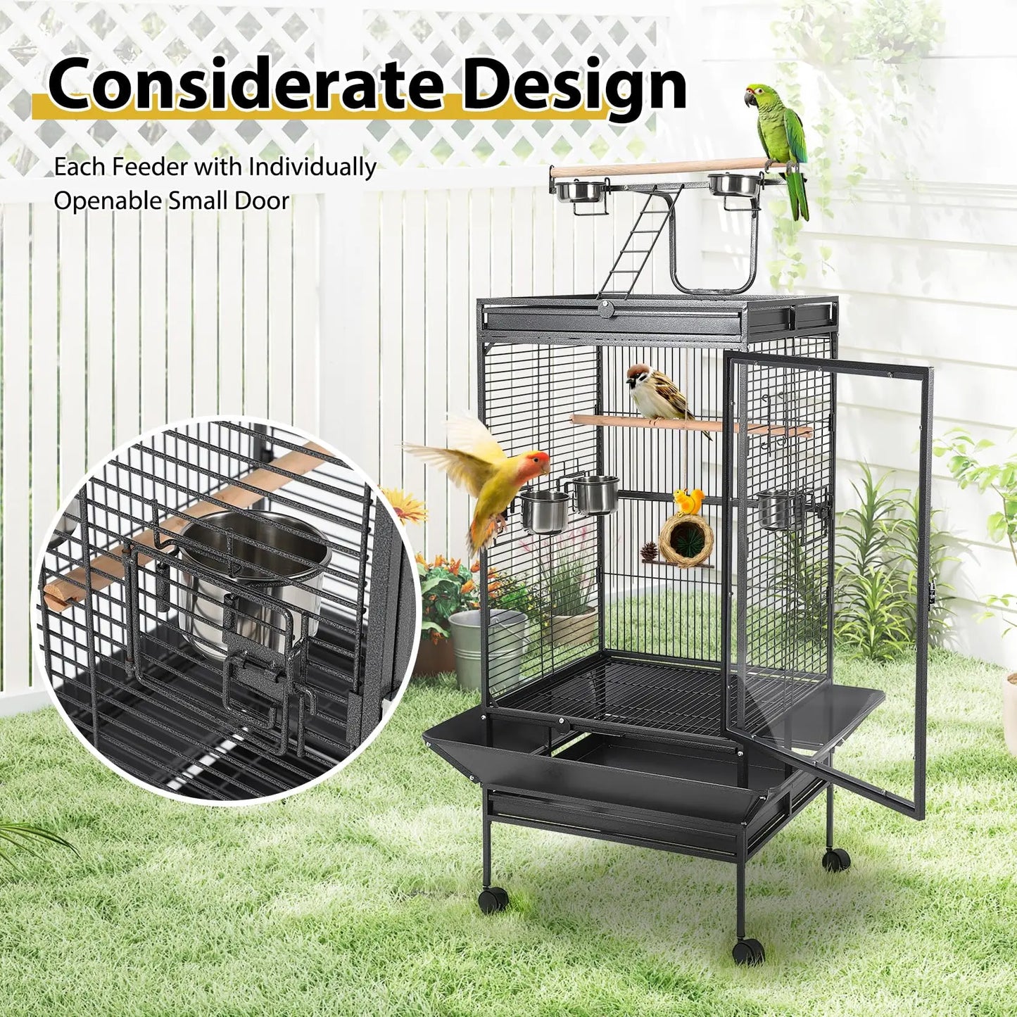 64.4" Tall Large Metal Bird Cage With Rolling Stand Aviary For Parrots Parakeets Conures