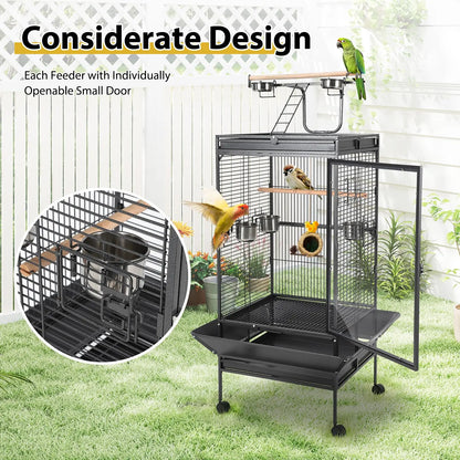 64.4" Tall Large Metal Bird Cage With Rolling Stand Aviary For Parrots Parakeets Conures