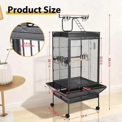 64.4" Tall Large Metal Bird Cage With Rolling Stand Aviary For Parrots Parakeets Conures