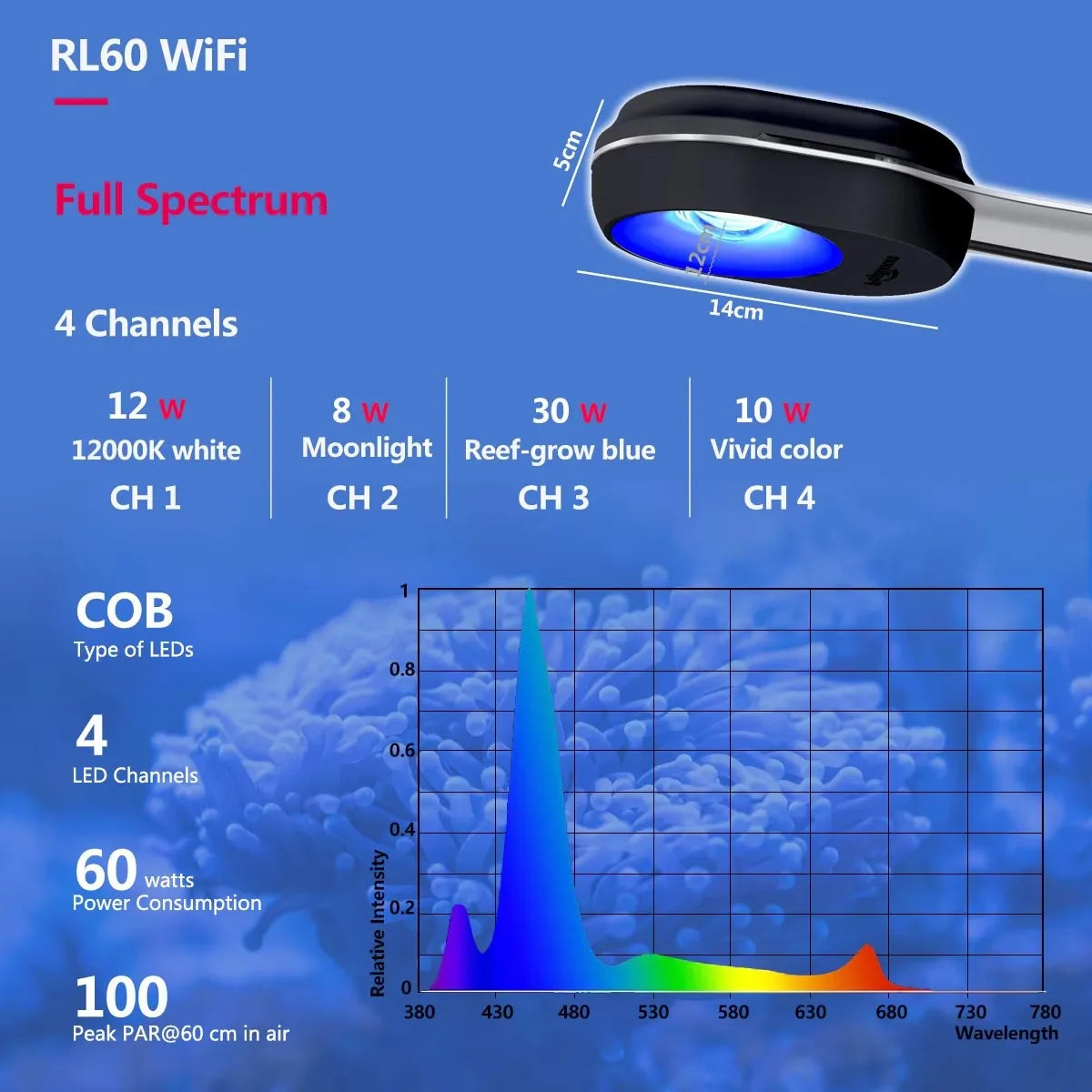 WiFi Nano Aquarium LED Light 60W, Professional Aquarium Light Full Spectrum Reef Coral SPS/LPS Saltwater Tank