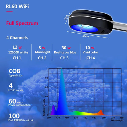 WiFi Nano Aquarium LED Light 60W, Professional Aquarium Light Full Spectrum Reef Coral SPS/LPS Saltwater Tank