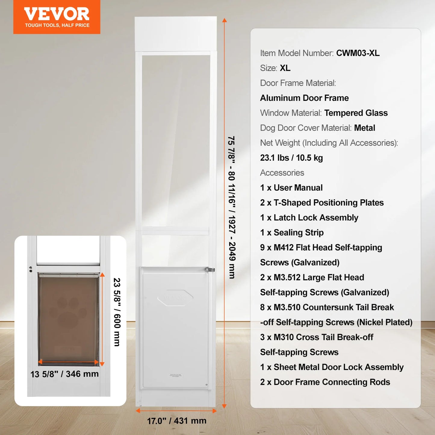 Dog Door Sliding Glass Door Adjustable Height  Tempered Glass