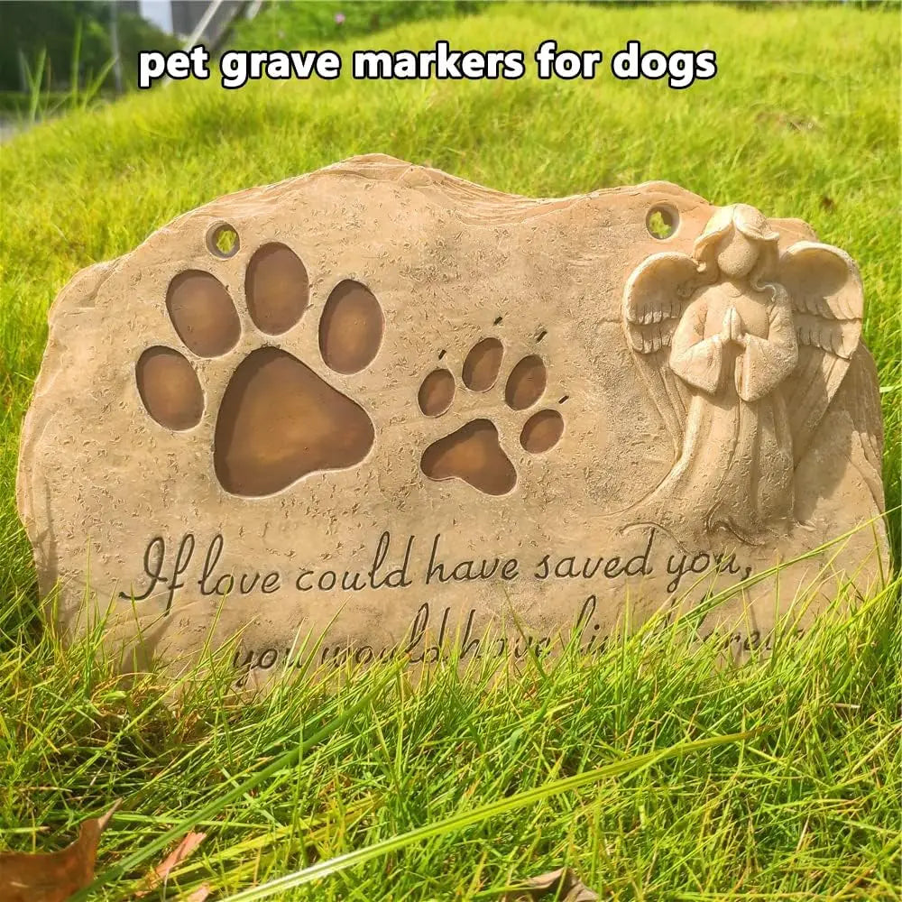 Pet Memorial Stone with Angel and Paw Prints, Outdoor Grave Marker