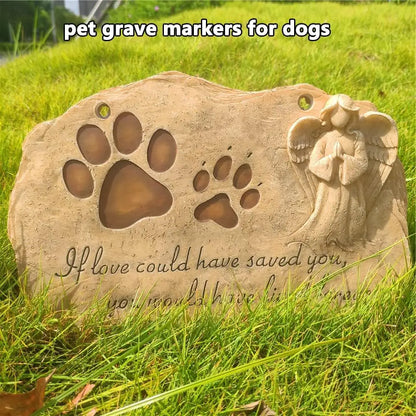 Pet Memorial Stone with Angel and Paw Prints, Outdoor Grave Marker