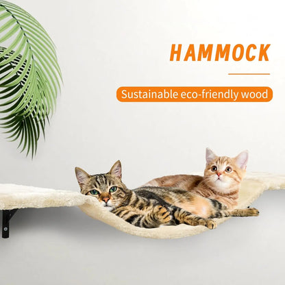 Wall-Mounted Cat Climber Set Hammock & Scratching Board - 7 Pcs Wood Indoor Furniture