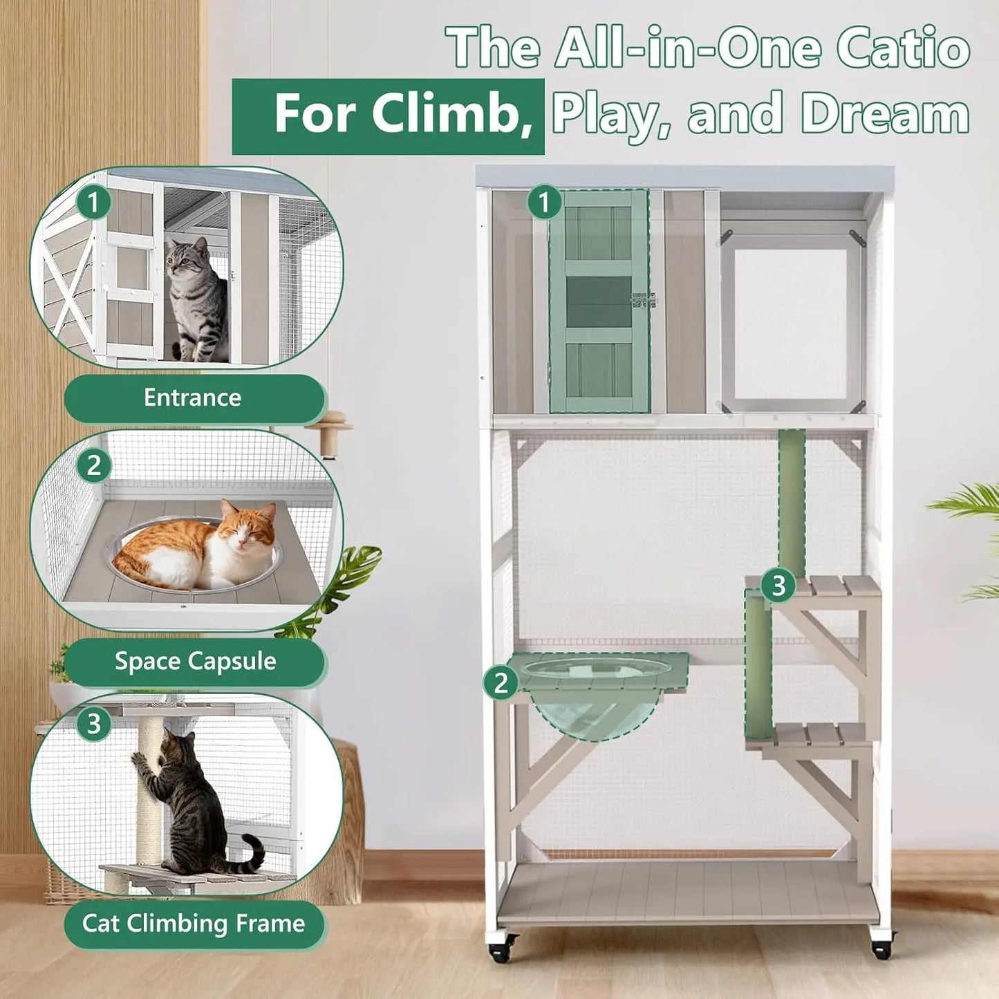Outdoor Cat Enclosure with Wheels & Weatherproof Roof,