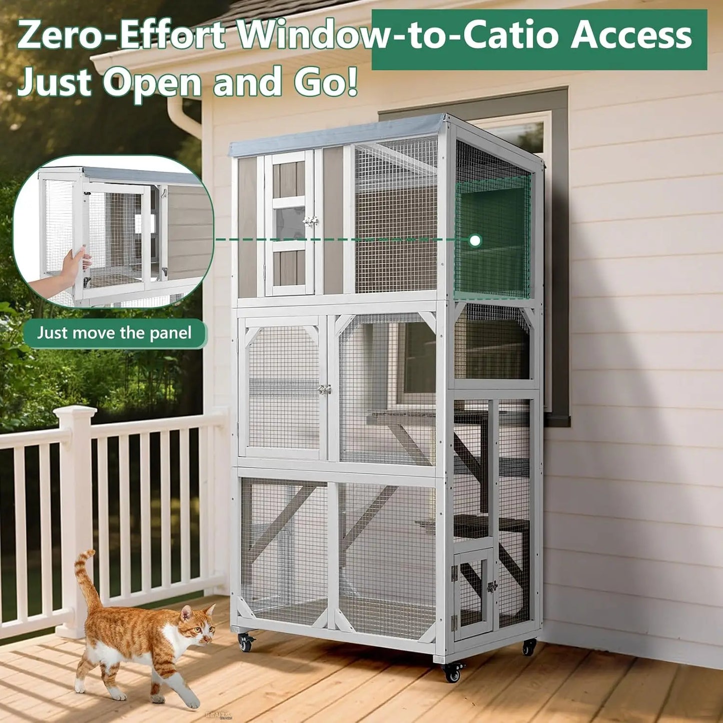 Outdoor Cat Enclosure with Wheels & Weatherproof Roof,