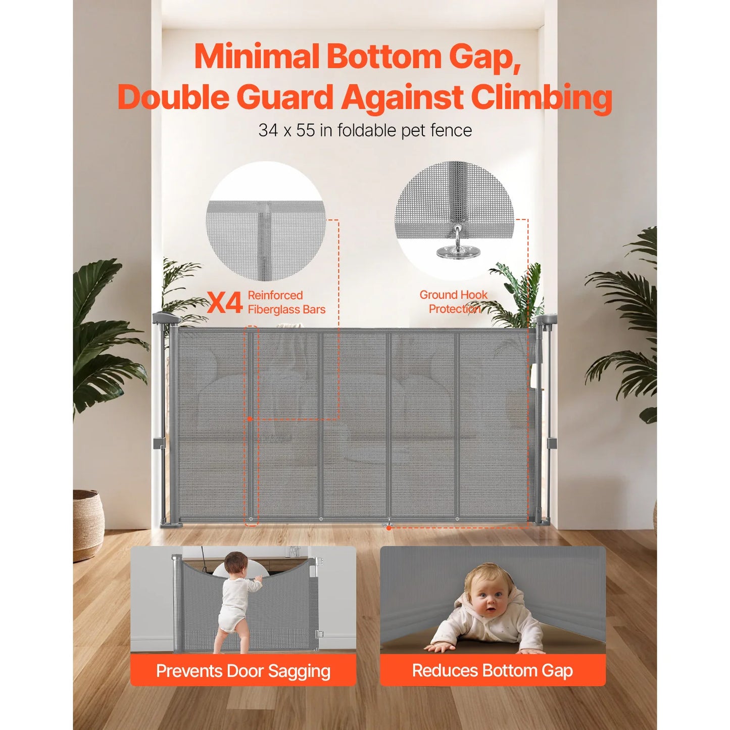 55/71/110in Retractable Baby Gate 34 in tall for Kids Pets