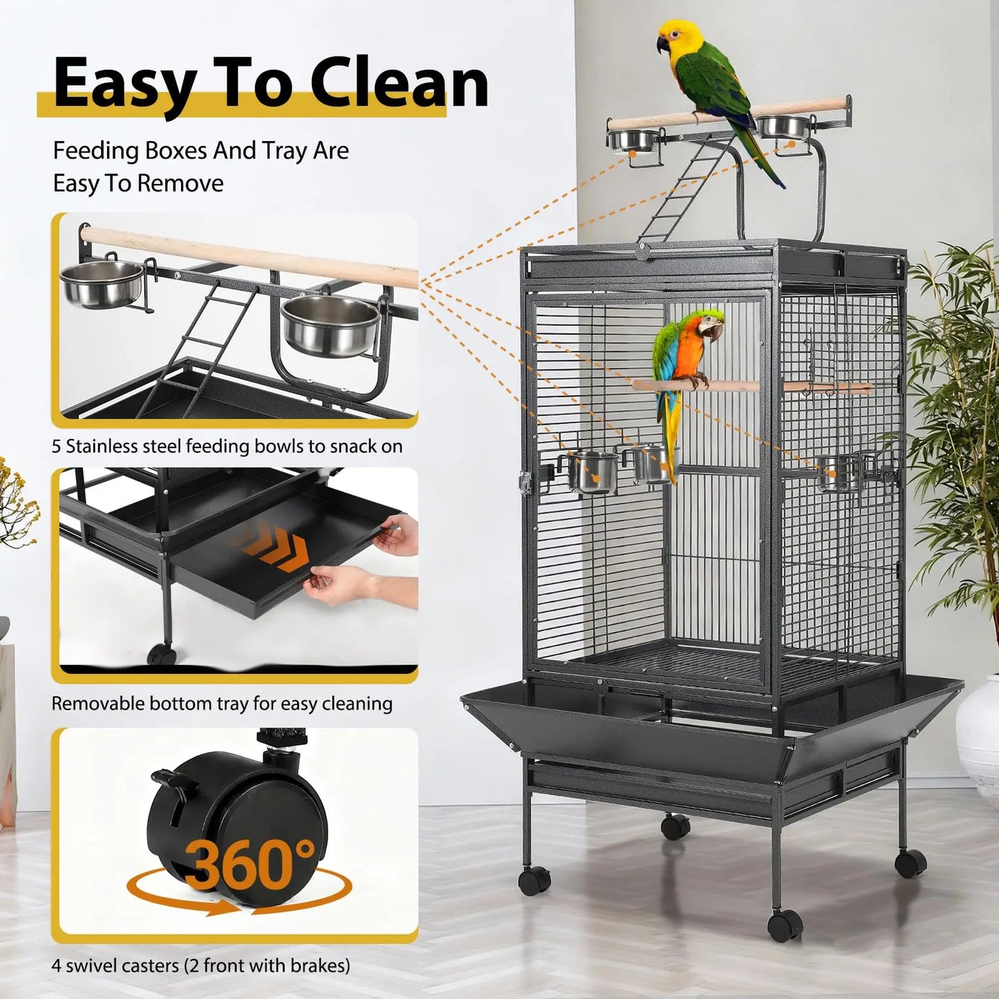 64.4" Tall Large Metal Bird Cage With Rolling Stand Aviary For Parrots Parakeets Conures