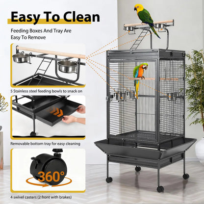 64.4" Tall Large Metal Bird Cage With Rolling Stand Aviary For Parrots Parakeets Conures