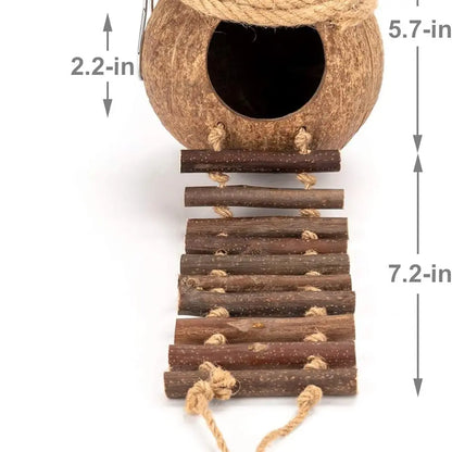 Coconut Bird Nest Hut with Ladder for Parrots Parakeet Conures Cockatiel