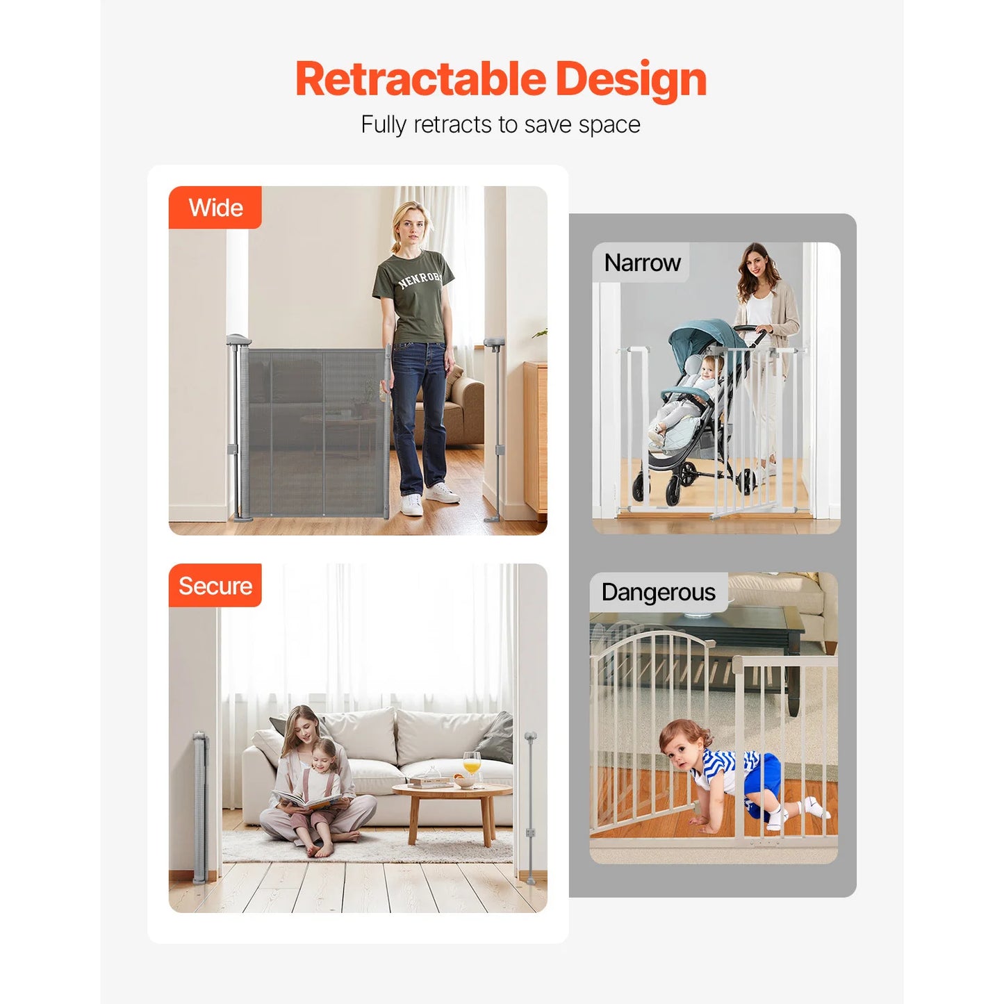 55/71/110in Retractable Baby Gate 34 in tall for Kids Pets