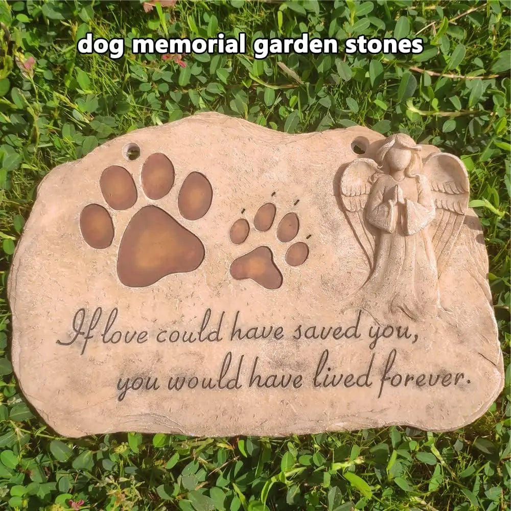 Pet Memorial Stone with Angel and Paw Prints, Outdoor Grave Marker