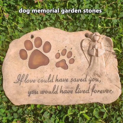 Pet Memorial Stone with Angel and Paw Prints, Outdoor Grave Marker