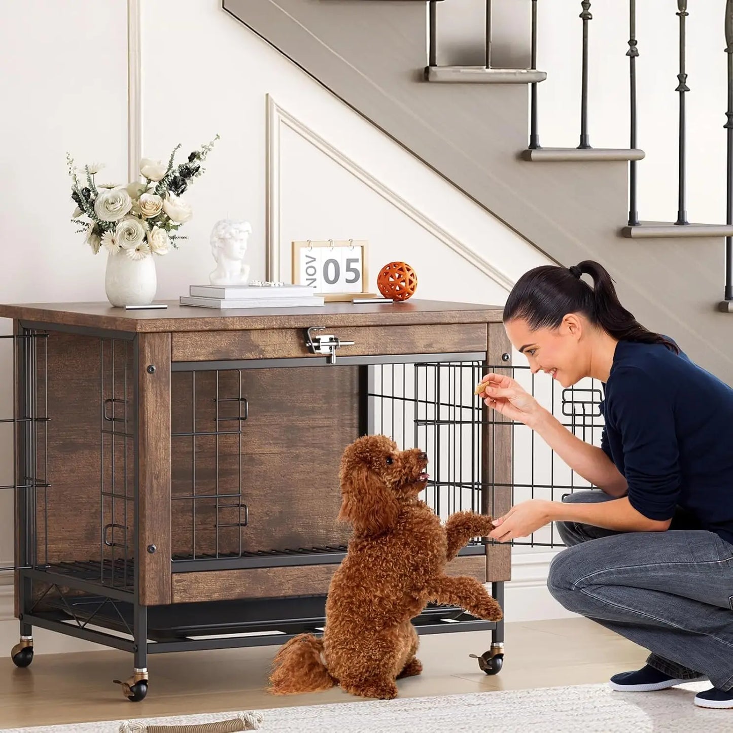 Rustic Furniture with Wheels 26in Small Heavy Duty Dog Kennel Indoor End Side Table