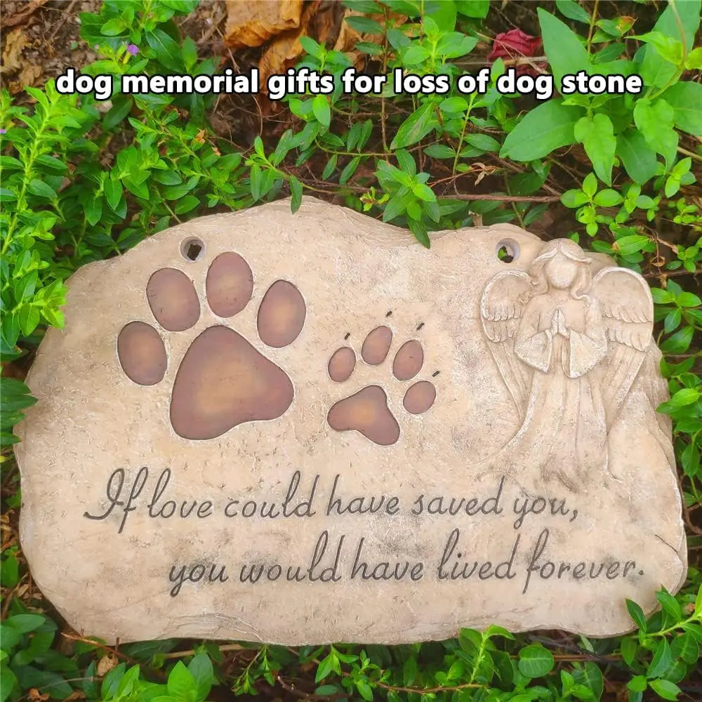 Pet Memorial Stone with Angel and Paw Prints, Outdoor Grave Marker