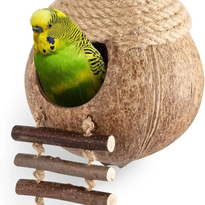 Coconut Bird Nest Hut with Ladder for Parrots Parakeet Conures Cockatiel