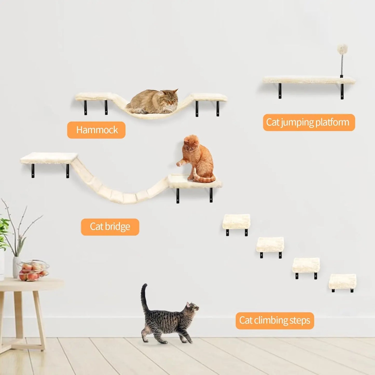 Wall-Mounted Cat Climber Set Hammock & Scratching Board - 7 Pcs Wood Indoor Furniture